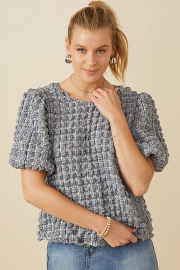 HY7507 Pink Womens Waffle Textured Puff Sleeve Top Front